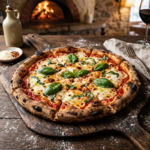 Margherita pizza with melted cheese, tomato sauce, and fresh basil on rustic wooden board