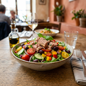 Bowl of tuna salad with cherry tomatoes, cucumbers, olives, peppers, and greens.