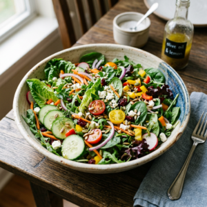 Salad bowl with mixed greens, cherry tomatoes, cucumber slices, red onion, shredded carrot, bell pepper, sunflower seeds, and crumbled cheese