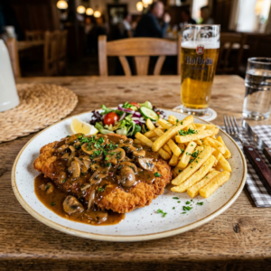 Breaded schnitzel topped with mushroom gravy, french fries, fresh salad, lemon wedge, and a glass of Hofbräu beer.
