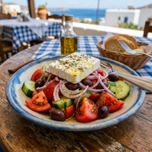 Greek salad with tomatoes, cucumbers, red onions, olives, and a block of feta cheese sprinkled with herbs
