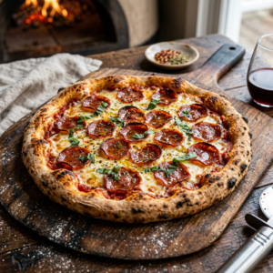 Pepperoni pizza topped with basil on a wooden cutting board, near a bowl of spices and a glass of red wine
