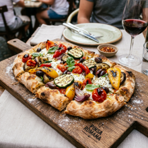 Roman-style pizza with grilled zucchini, peppers, tomatoes, olives, and mozzarella